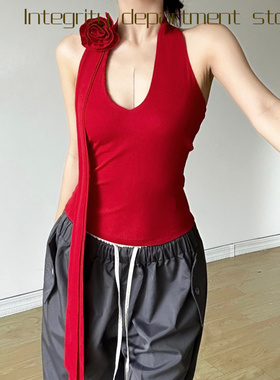 Sexy lace patchwork slim fit dress风纯色挂脖立体花背心高腰宽