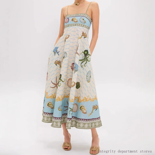 Casual V-neck camisole linen long dress2025优雅高腰印花吊带