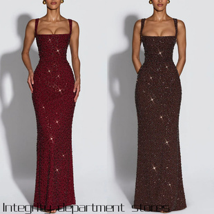 slim sexy fit satin 系带 Long dress独立站亮片吊带修身 printed