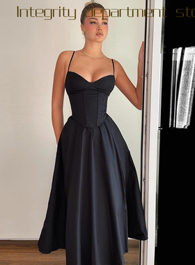 Deep V lace perspective sexy slim fit dress f法式性感领吊带