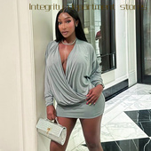 dress lace sexy Deep fit perspective slim f风秋冬纯色深长