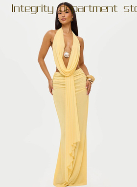 Deep V lace perspective sexy slim fit dress f风秋季挂脖荡领