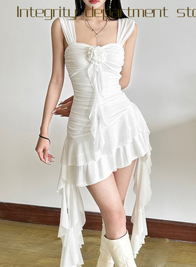 Sexy lace patchwork slim fit dress风立体花装饰波浪边修身纯色