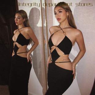 lace sexy cut out top风性感潮流包臀裙露背挂脖连 sheer neck