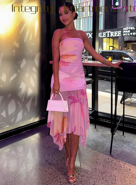 Printed sleeveless sexy suspender dress风甜美微透网纱拼接包