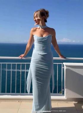 Strap sexy slim fit V-neck dress风秋天蓝色抹胸上衣/高腰半裙