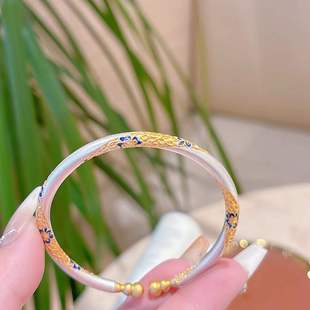 足银手环复古花纹银饰手镯女开口式时尚个性描金珐琅花朵葫芦手环