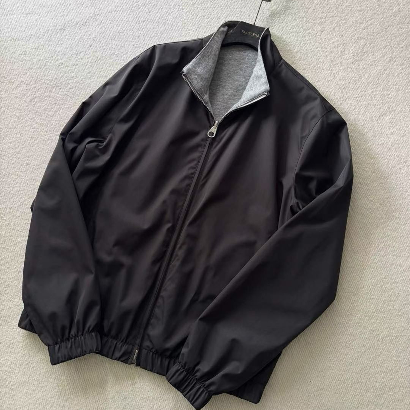 老钱风LP新澳纯羊毛防水双面夹克立领外套灰面山羊绒黑面三防面料