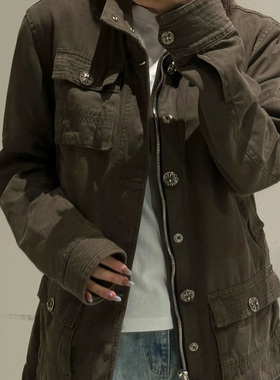 现货 CH重工十字花镀银纽扣立领M65工装夹克满印内衬中长款纯色