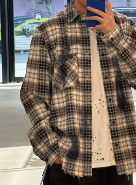 AMIRI 26春夏格纹提花流苏长袖衬衫美式流行泼墨翻领宽松衬衣外套