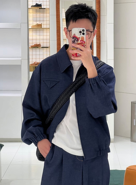 BV自主靛蓝色羊毛天丝混纺三角口袋夹克​​羊毛牛仔老干部夹克