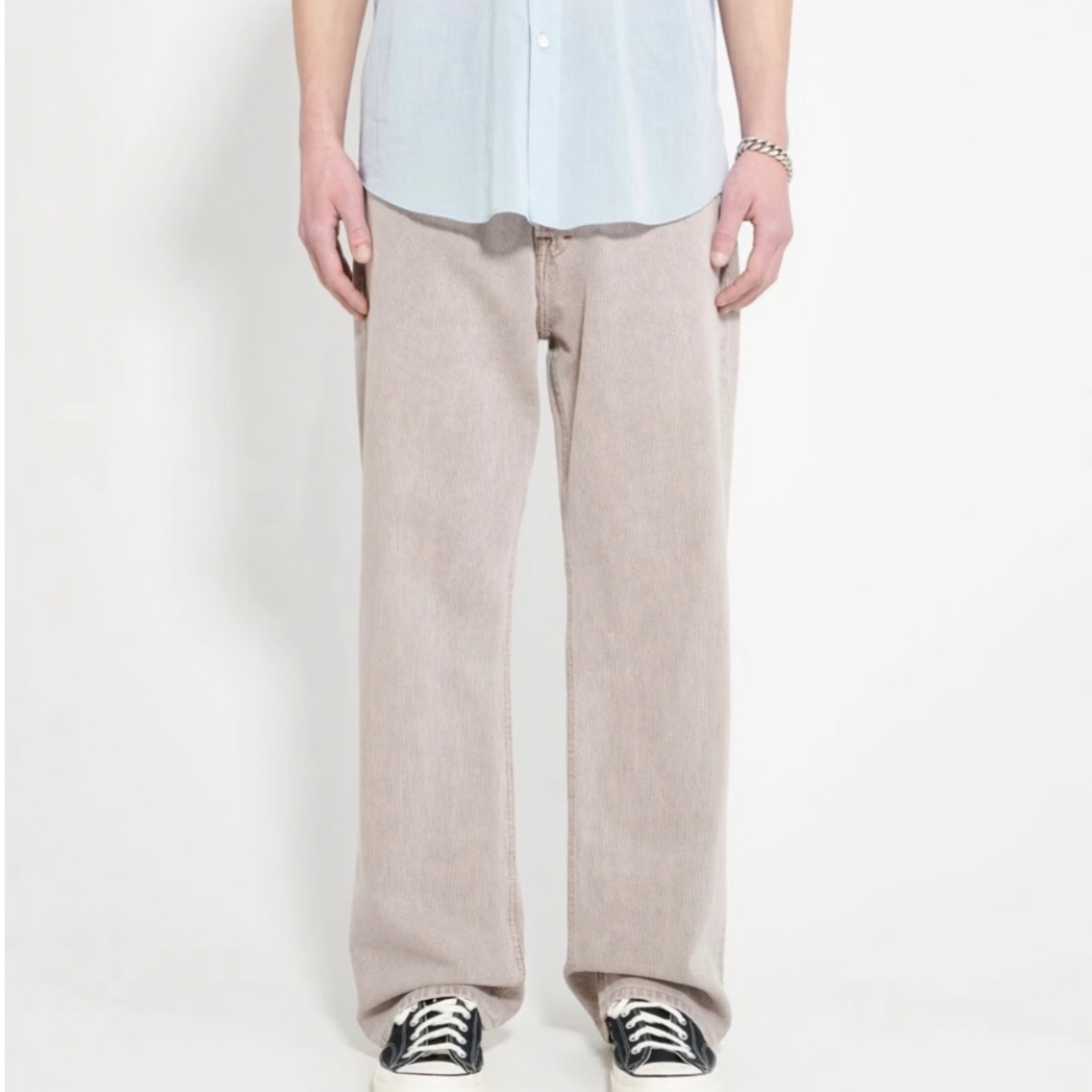 BV风格18盎司重磅纯棉进口面料自主米灰色水洗宽松直筒牛仔裤老钱