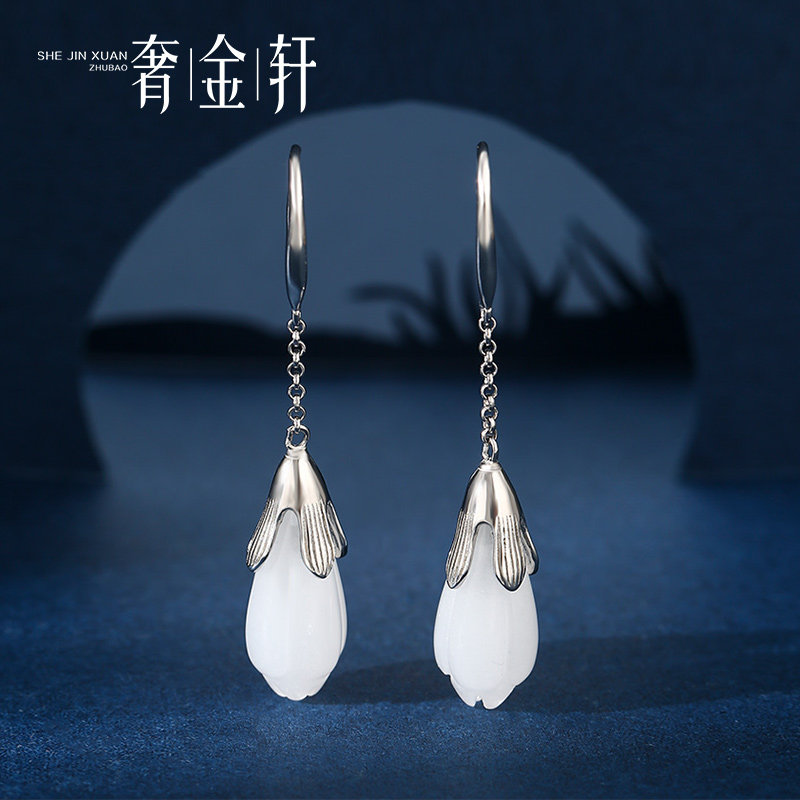 古风纯银长款女士饰品玉石耳环图片