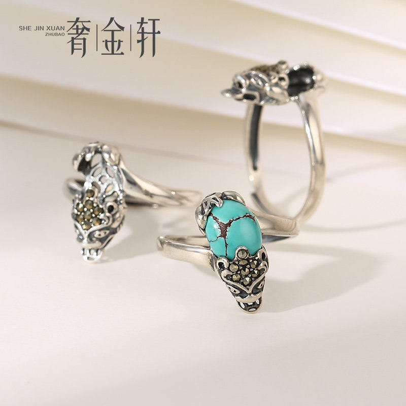 S925纯银招财貔貅戒指空托 复古指环男女镶绿松石榴石蜜蜡戒托7*9