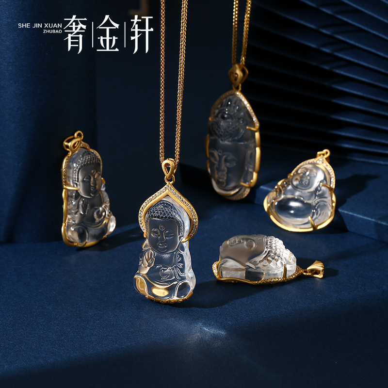 天然白水晶项链纯银吊坠笑佛长款