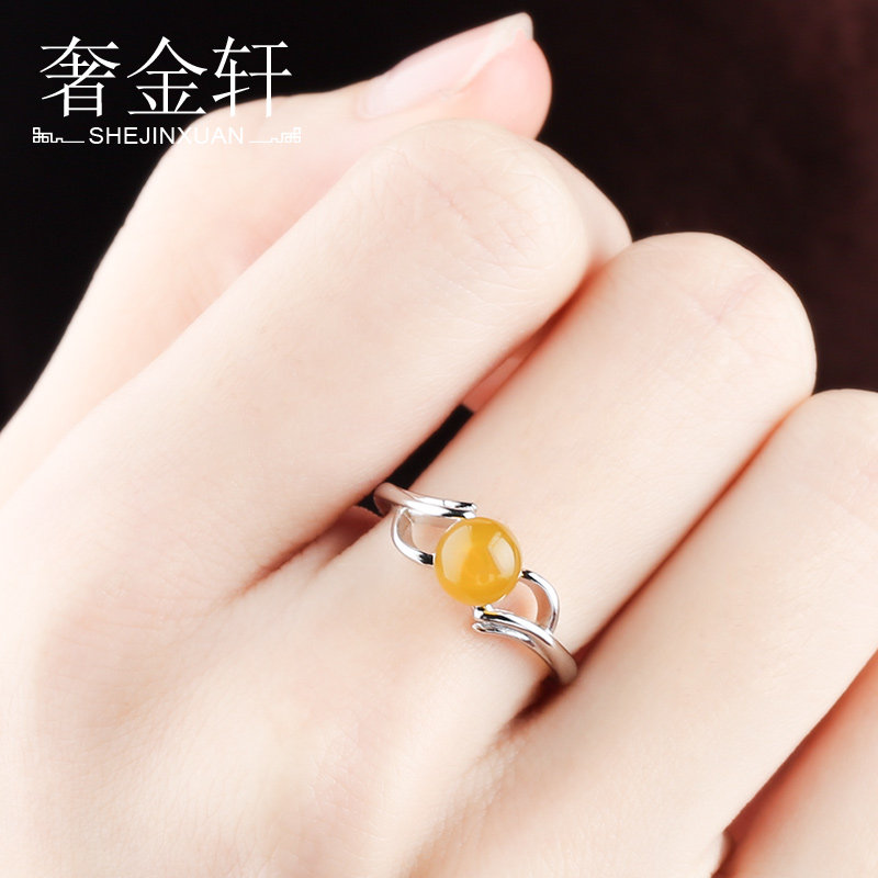 925银蜜蜡珠子戒指托韩版dy
