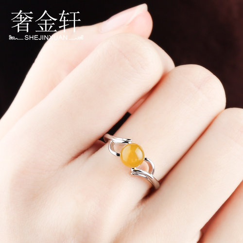 925银蜜蜡珠子戒指托韩版dy