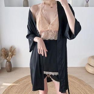 蕾丝美背镂空丝绸吊带短裤 睡袍三件套装 2024新款 日本睡衣女士夏季