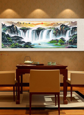 国画旭日东升山水画风水靠山招财壁画沙发背景挂画客厅丝绸画卷轴
