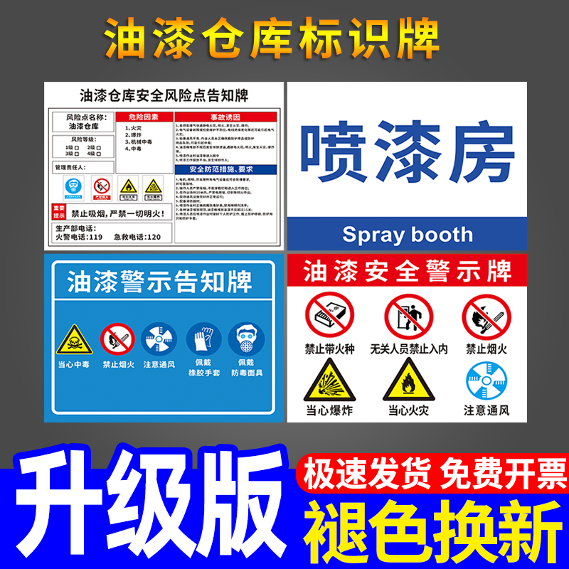 喷漆房安全标识牌油漆房调漆间仓库警示标志烤漆房风险告知牌库房车间职业病危害告知牌卡环保化学品告示标贴