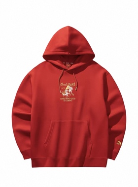 安踏好事发生卫衣男装连帽红色套头衫宽松新年运动上衣152618707S