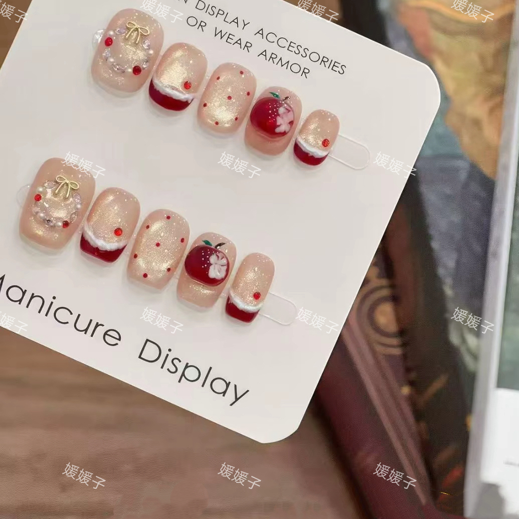 【圣诞平安果】纯手工穿戴甲可爱短款红苹果立体雪人猫眼圣诞美甲