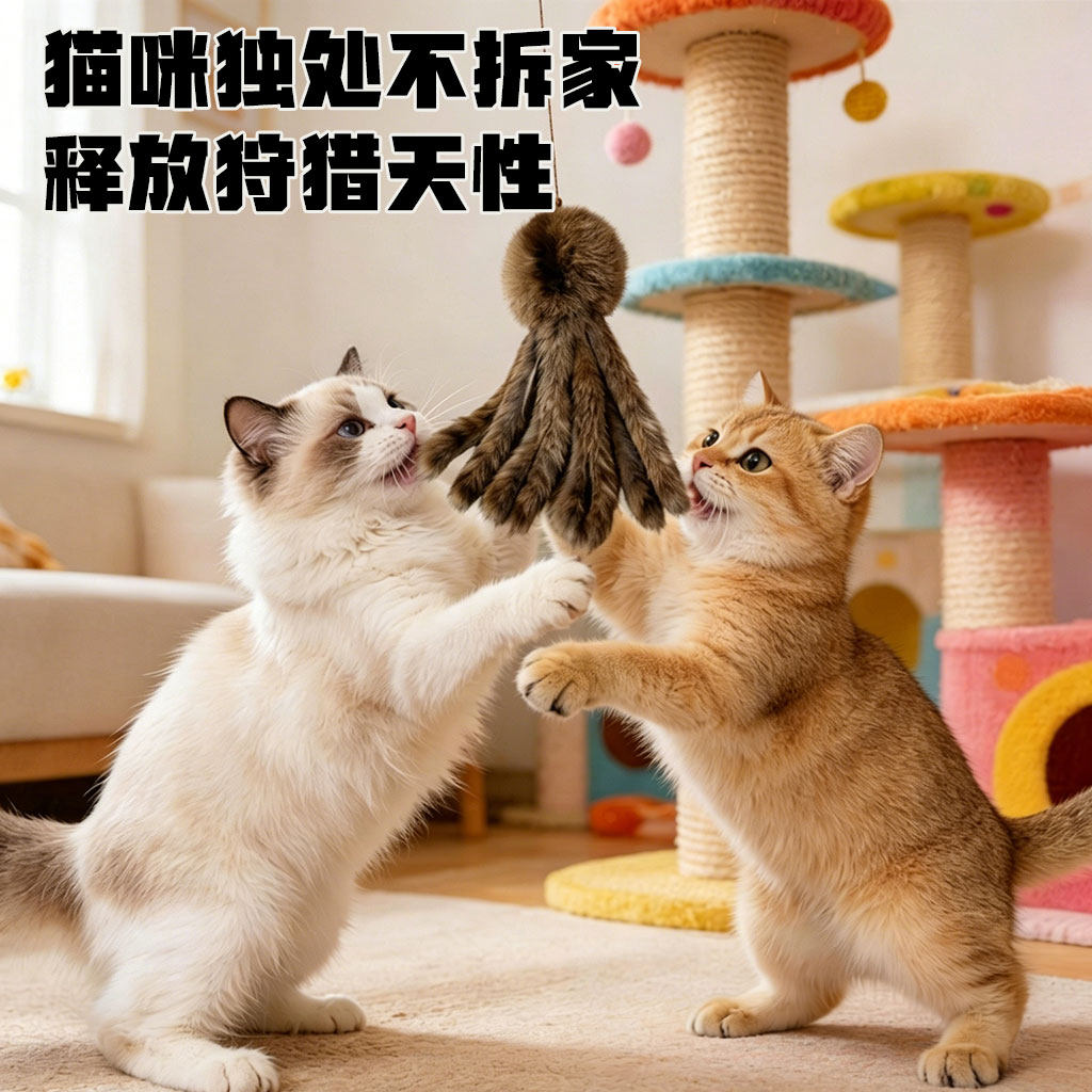 兔毛章鱼猫咪丰荣玩具自嗨解闷兔毛逗猫棒仿真八爪鱼幼猫消耗体力