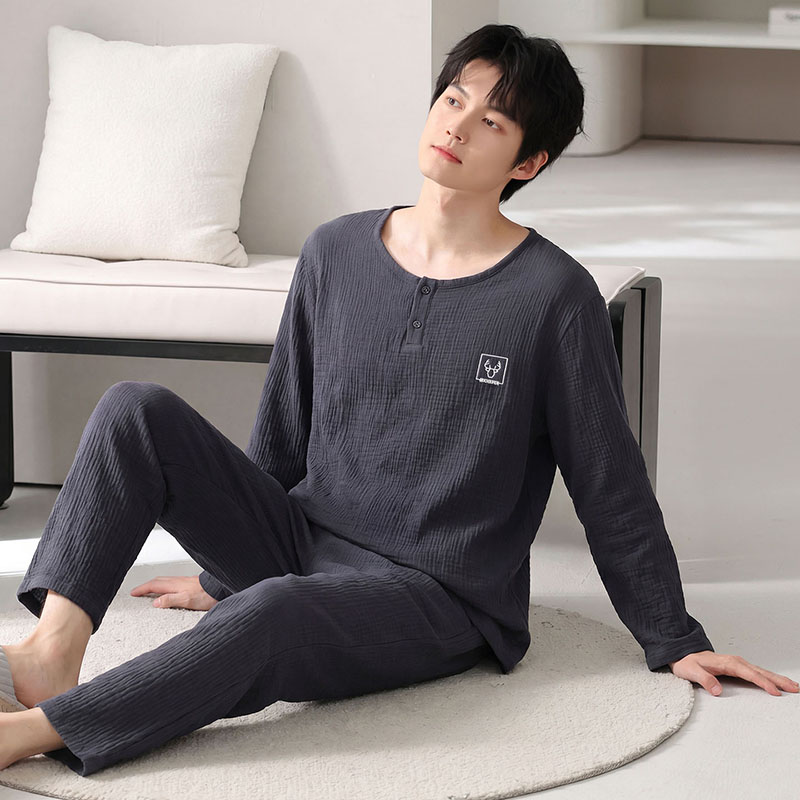 100%纯棉睡衣男士春秋季宽松加大码长袖全棉双层棉纱家居服可外穿