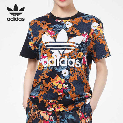 Adidas/阿迪达斯正品三叶草女子花卉休闲运动短袖T恤 GN3353