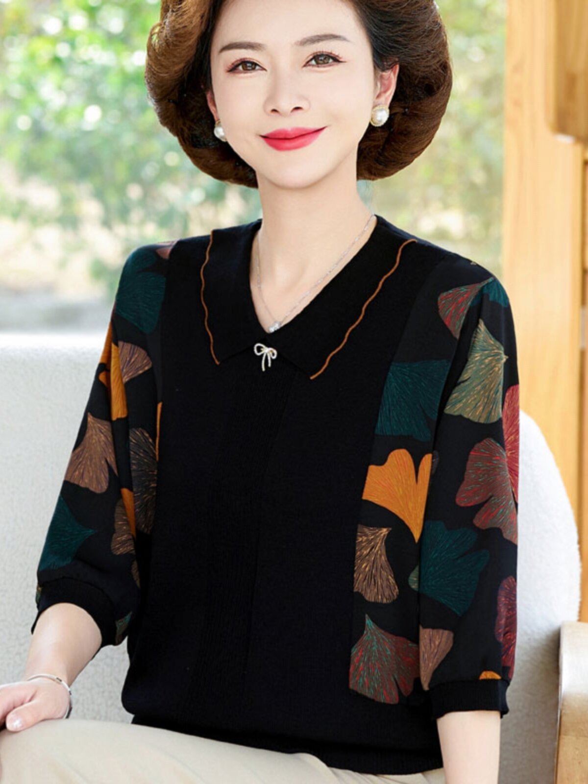 女装春秋季翻领针织半袖t恤时尚宽女士休闲外穿底裤衬衫婆婆服