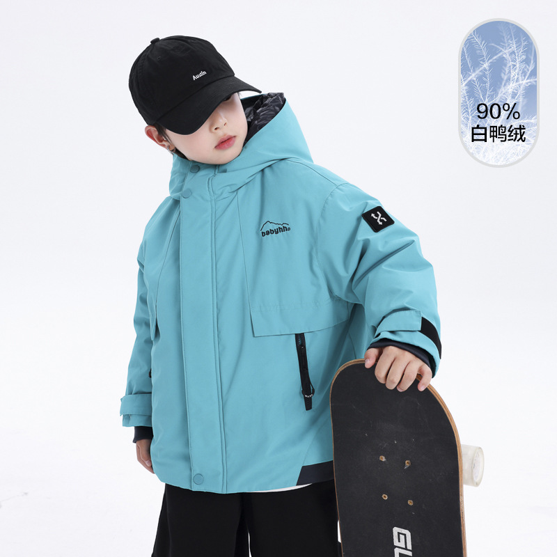 男大童冬季潮酷假两件冲锋衣羽绒服2025新款儿童冬装加厚防寒外套