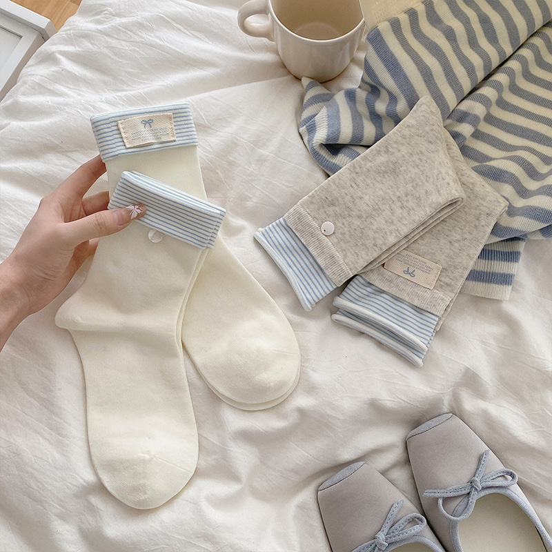 春夏季薄款miu里miu气袜子女卷边贝壳布标吸汗纯棉堆堆袜中筒袜