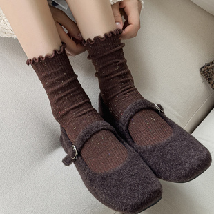 咖色木耳边堆堆袜子女纯棉花边搭配小皮鞋 百搭ins风 中筒袜春秋款