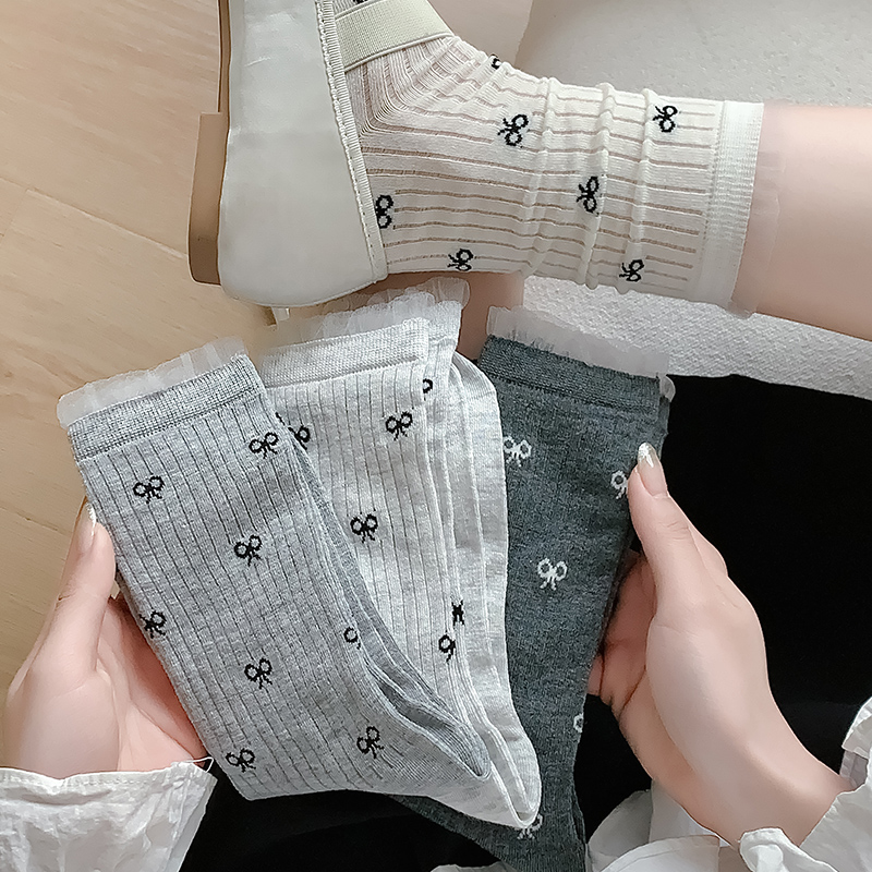 蝴蝶结min风花边堆堆袜子女夏季薄款透气配小皮鞋中筒袜白色网眼