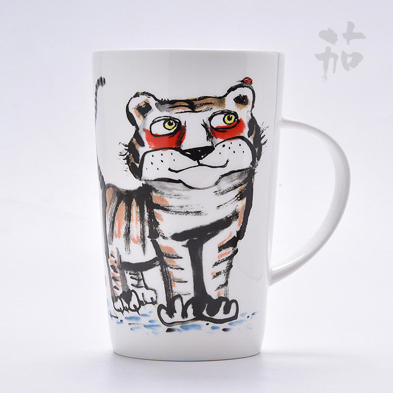 十二生肖虎马克杯礼盒装创意礼品有杯盖骨瓷釉上彩中式水墨风