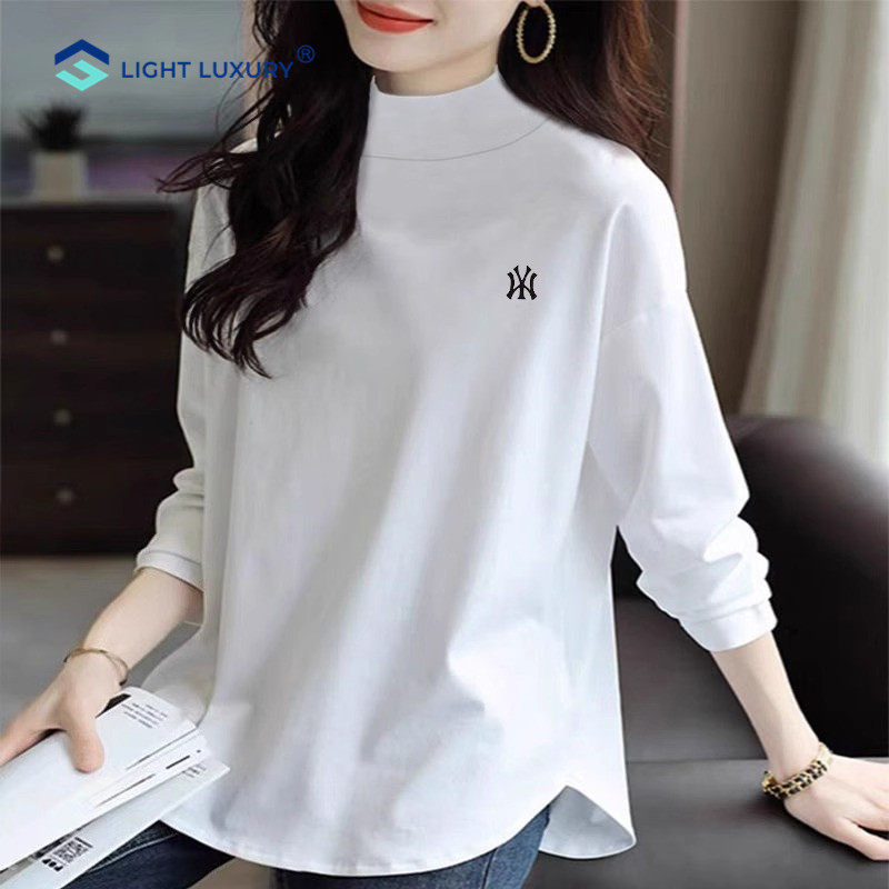 半高领长袖T恤女2025秋冬新款白色加绒打底衫中长款弧形内搭上衣