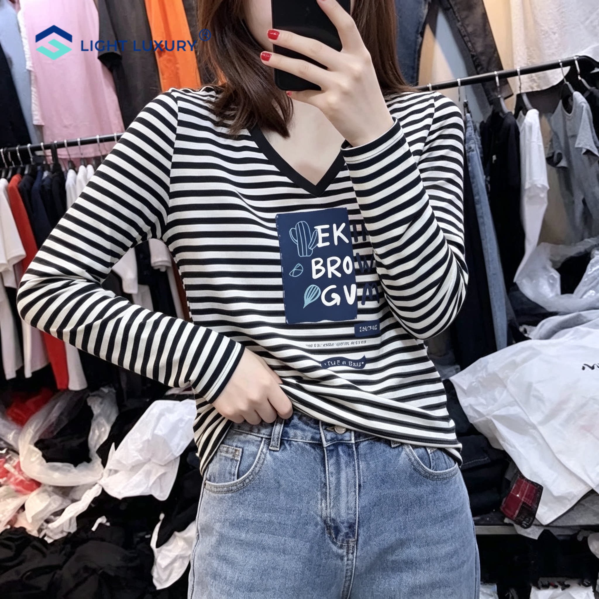 条纹长袖T恤女新款V领显瘦遮肉