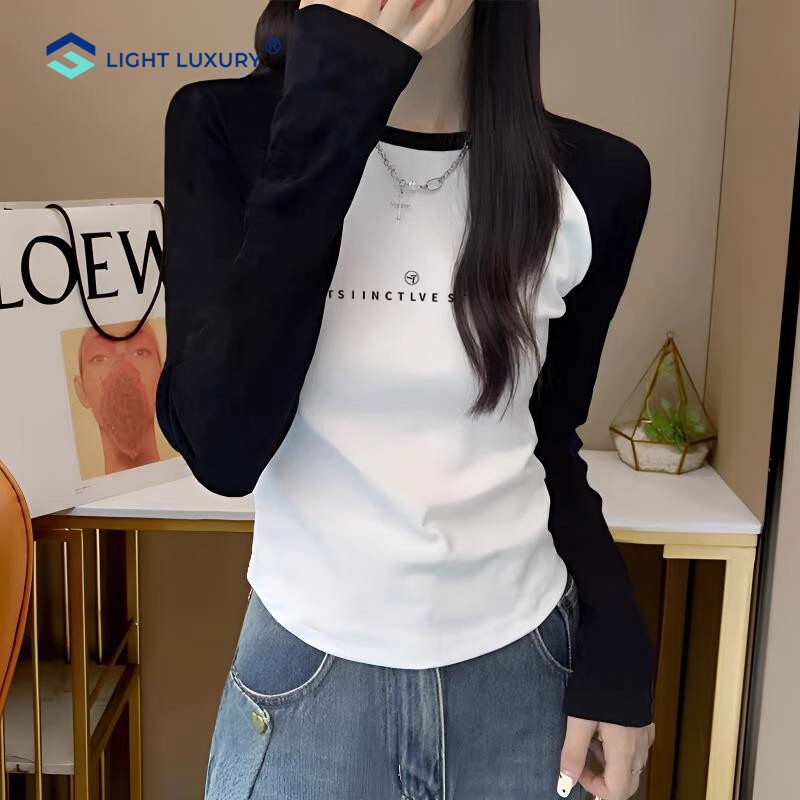 撞色拼接长袖t恤女2025新款秋冬修身洋气内搭正肩短款上衣小衫