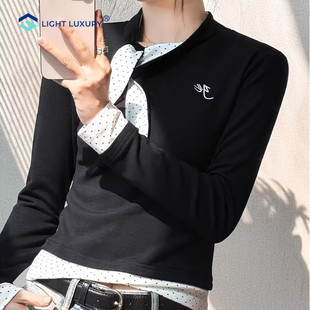 波点内搭打底衫女别致拼接设计灰色长袖T恤高级修身显瘦正肩上衣