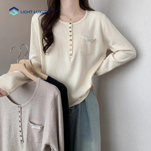 上衣 休闲舒适大码 亨利领长袖 T恤女微胖宽松显瘦遮肚子内搭打底衫
