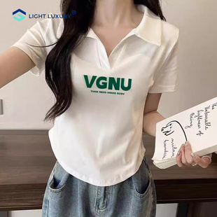 显瘦短款 Polo领t恤女夏季 体恤修身 新款 白色上衣 高级轻奢正肩短袖