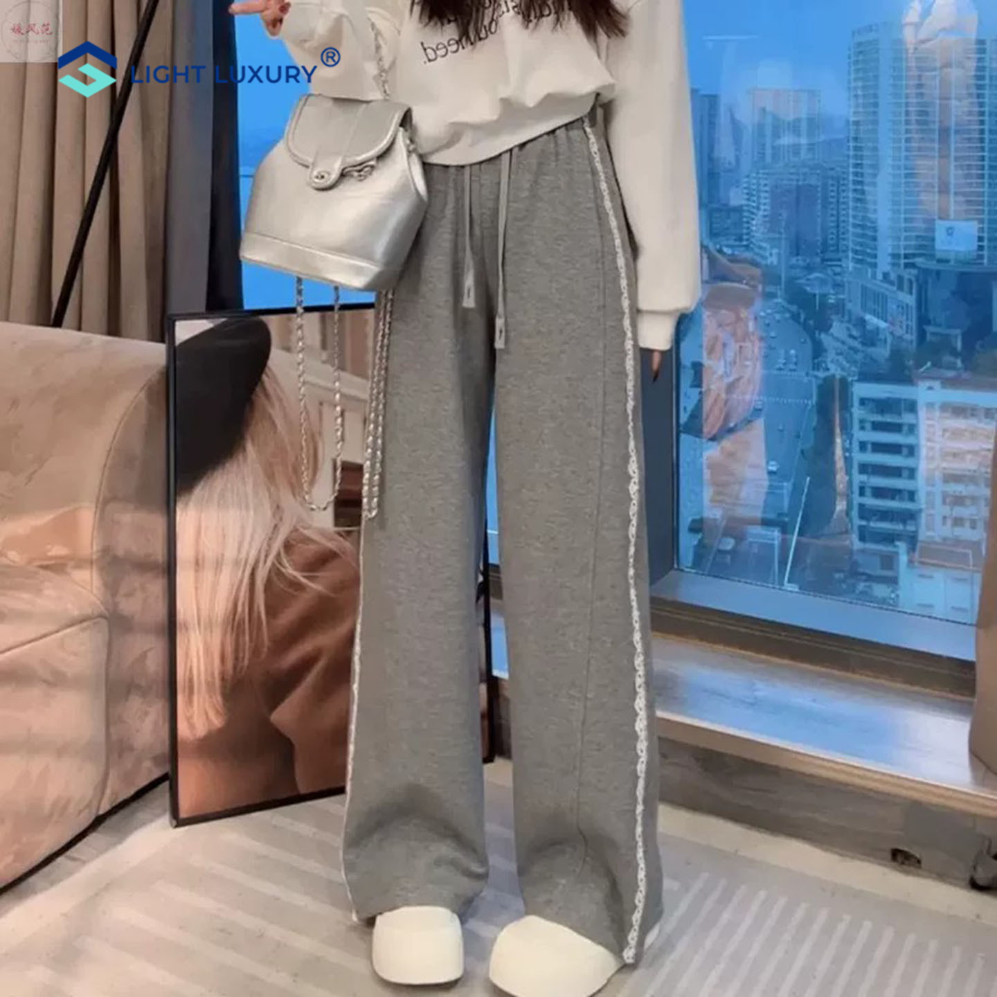 蕾丝拼接弯刀裤女时尚好看阔腿裤