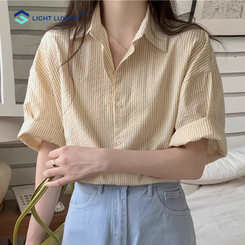 黄色条纹衬衫T恤女小个子衬衣