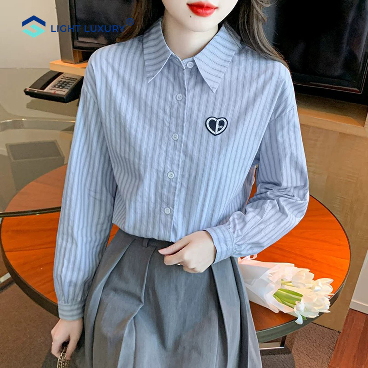 蓝色条纹衬衫女时尚减龄长袖上衣