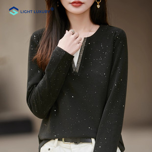 「星空」V领拼色T恤女秋冬高端镶钻设计感打底衫洋气小众上衣欧货
