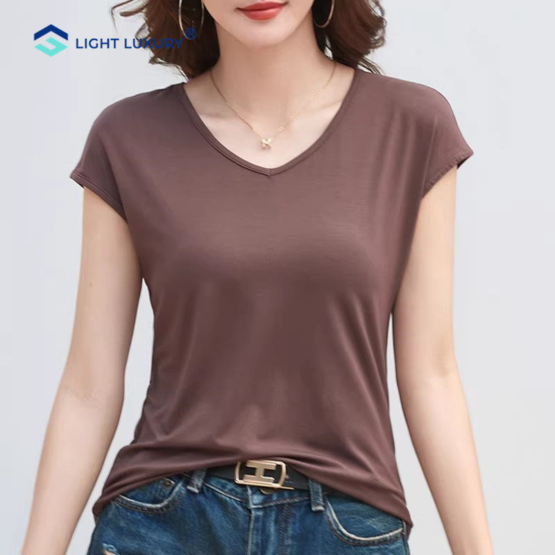 面膜t恤女夏季薄款弹力舒适透气V领短袖上衣宽松显瘦纯色打底衫