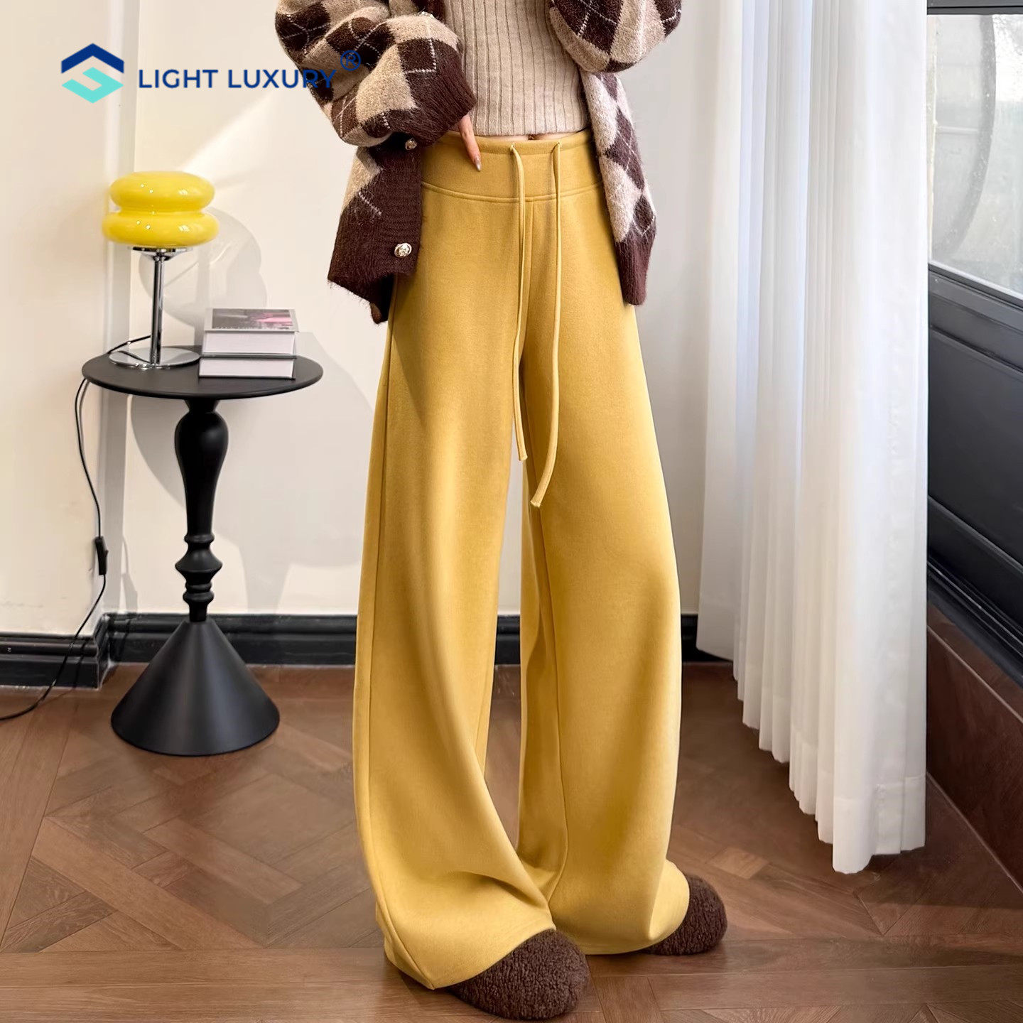 黄色糯米裤女2025秋冬季新款加绒加厚仿羊毛垂感阔腿面膜裤子