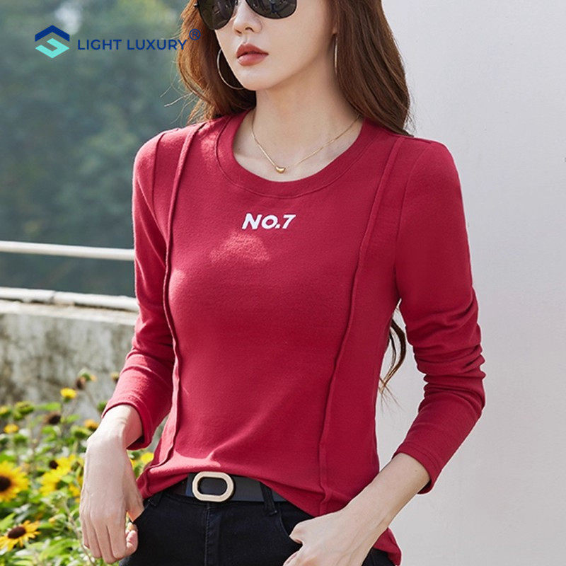 【纯棉系列】长袖t恤女秋冬修身圆领红色上衣刺绣设计内搭打底衫