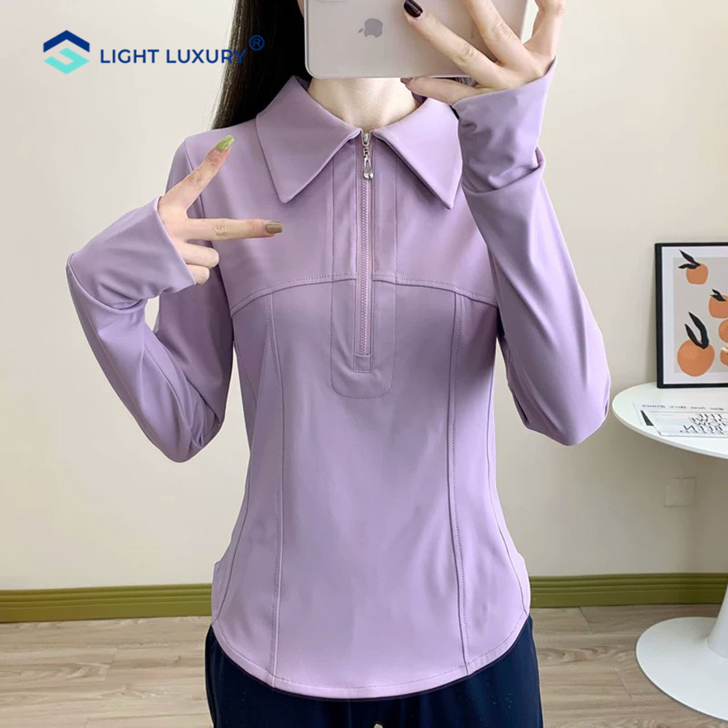半拉链翻领T恤女显瘦运动跑步大码胖MM瑜伽健身衣长袖外套上衣