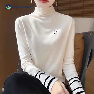 半高领白色长袖t恤女2026新款拼接内搭打底衫高级别致欧货上衣